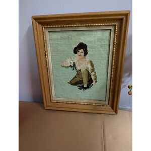 Vintage Framed Needlepoint Artwork Boy Holding Rabbit Wood Frame Folk Art